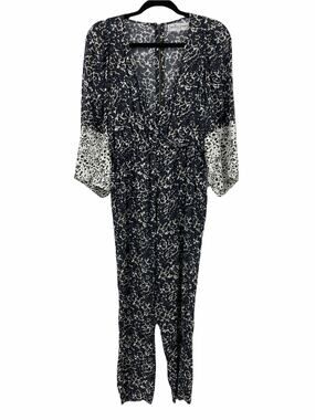 Apiece Apart Jumpsuit Womens 0 Meru Blue White Floral Plunge Neck Puff Sleeve